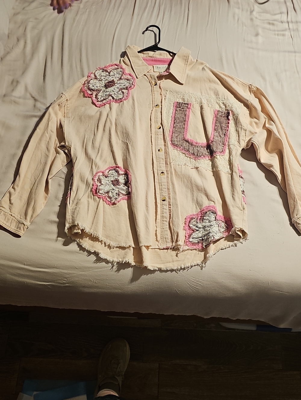Cream Button-Down Shirt with Pink Floral Appliqués